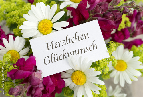 Fototapeta Naklejka Na Ścianę i Meble -  Congratulations / Greeting card with snapdragons, daisies and German text: Congratulations 