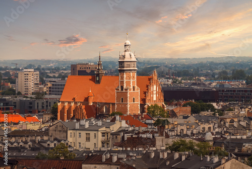 Roofs and the church in sunset light. Krakow