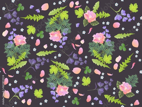 Seamless floral spring pattern with bouquets of roses and bells flowers, forget me not flowers and leaves of dandelion, viburnum, wormwood, clover on black background. Vector illustration.