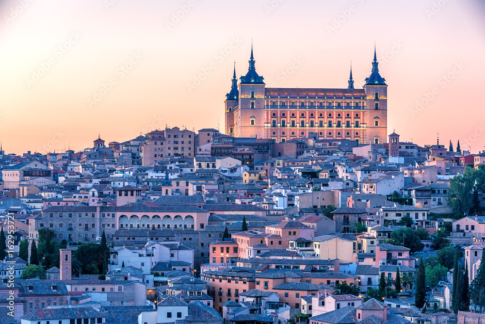 Aerial top view of Toledo, historical capital city of Spain. The Alcasar.
