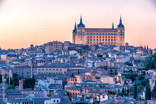 Aerial top view of Toledo, historical capital city of Spain. The Alcasar. 