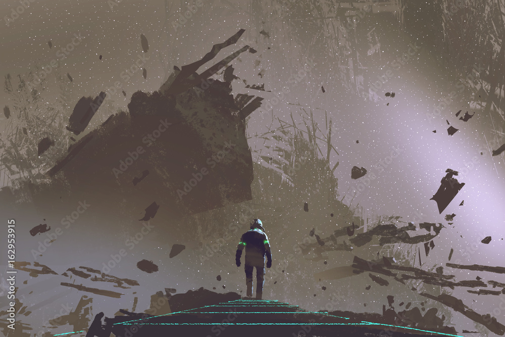 Fototapeta premium sci-fi scene showing the astronaut walking on light path in dead earth, digital art style, illustration painting