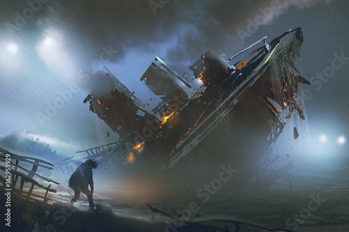 Obraz scena ucieczki człowieka z tonącego statku w deszczową noc, styl sztuki cyfrowej, malarstwo ilustracyjne