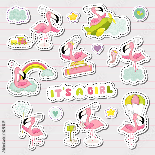 Baby Girl Stickers Set for Baby Shower Party Celebration. Decorative Elements for Newborn with Cute Flamingo. Vector illustration