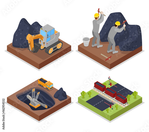 Isometric Coal Industry withPeople Working in Mine and Excavator. Vector flat 3d illustration