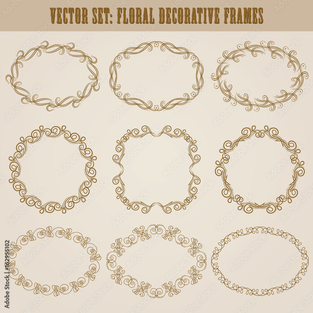 Vector set of decorative hand drawn elements, border, frame with floral elements for design of invitation, greeting, wedding, gift card, certificate, diploma, voucher. Page decoration in vintage style