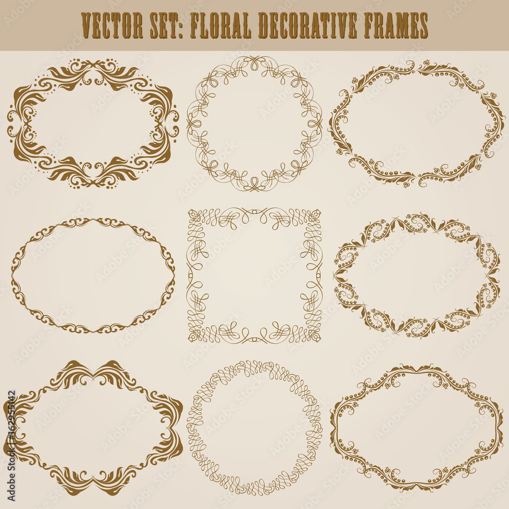 Vector set of decorative hand drawn elements, border, frame with floral elements for design of invitation, greeting, wedding, gift card, certificate, diploma, voucher. Page decoration in vintage style