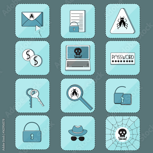 Hacker attack. Computer virus. Set of icons.