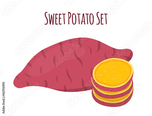 Brown batat, sweet potato and slices. Organic healthy vegetable