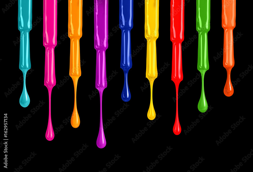 Palette of colored nail polishes with drops on black background Palette of colored nail polishes with drops on black background