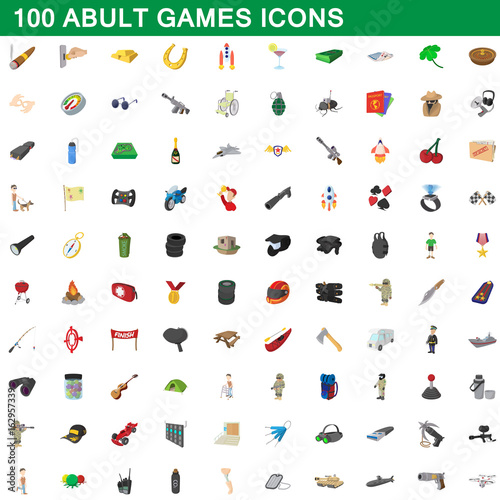 100 adult games icons set, cartoon style