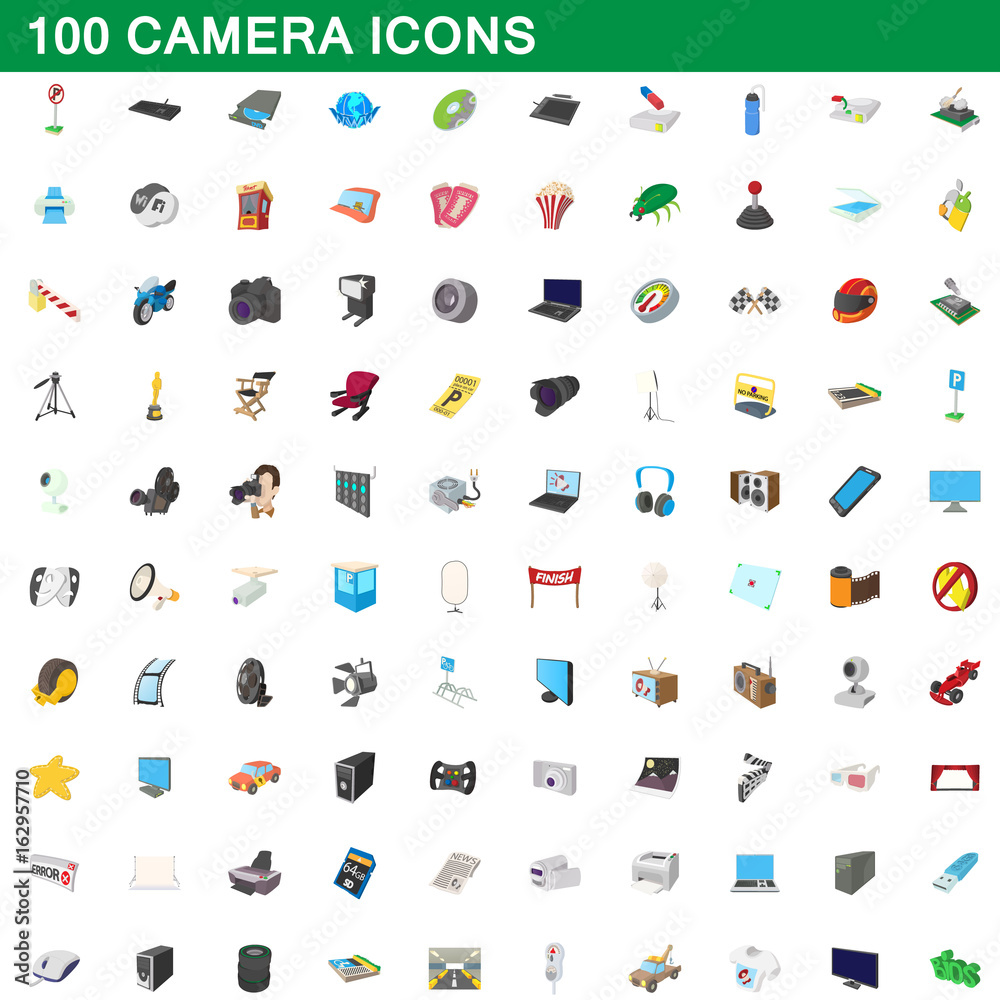 100 camera icons set, cartoon style 100 camera icons set, cartoon style