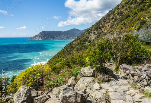 a view from the azure path (the path of Love), passing through the Cinque Terre park to Monterosso al Mare, Vernazza, Corniglia, Manarola and Riomaggiore