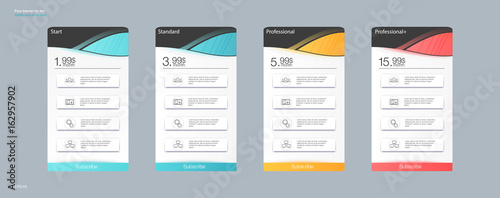Four banner for the clouded sky service. Price list, hosting plans and web boxes banners design. Four banner for the tariffs and price lists. Web elements. Plan hosting. Vector design for web app. 