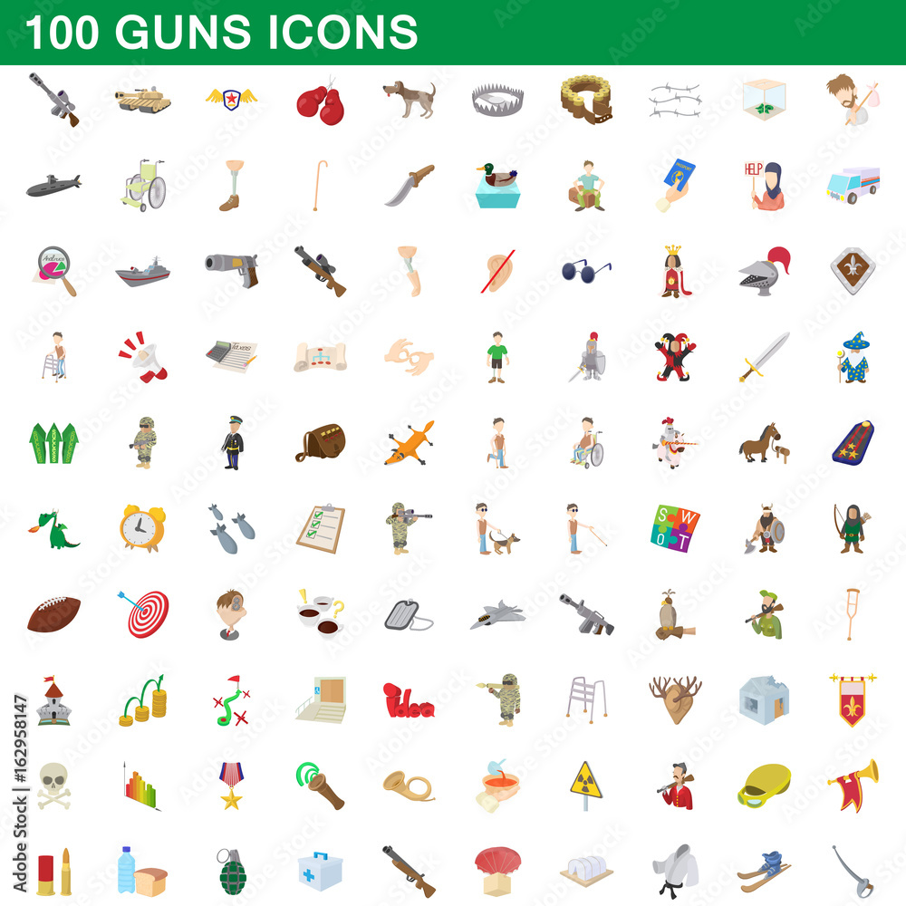 100 guns icons set, cartoon style