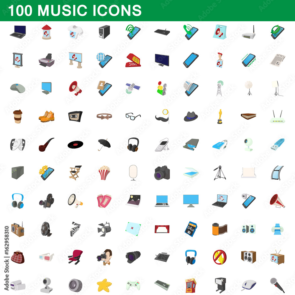 100 music icons set, cartoon style 100 music icons set, cartoon style