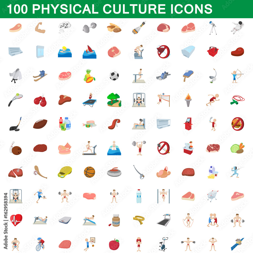 Fototapeta premium 100 physical culture icons set, cartoon style