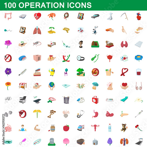 100 operation icons set, cartoon style