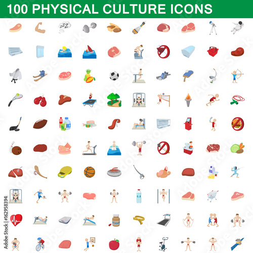 100 physical culture icons set, cartoon style