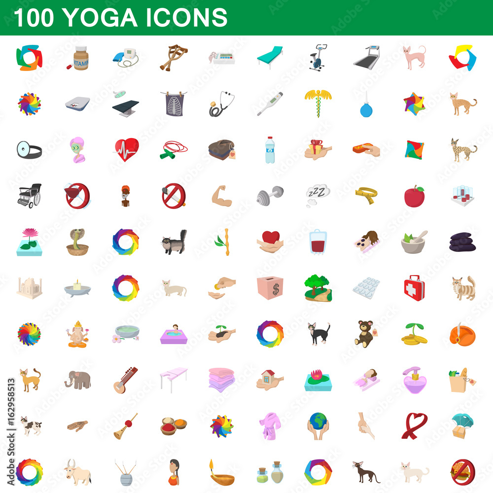 100 yoga icons set, cartoon style 100 yoga icons set, cartoon style