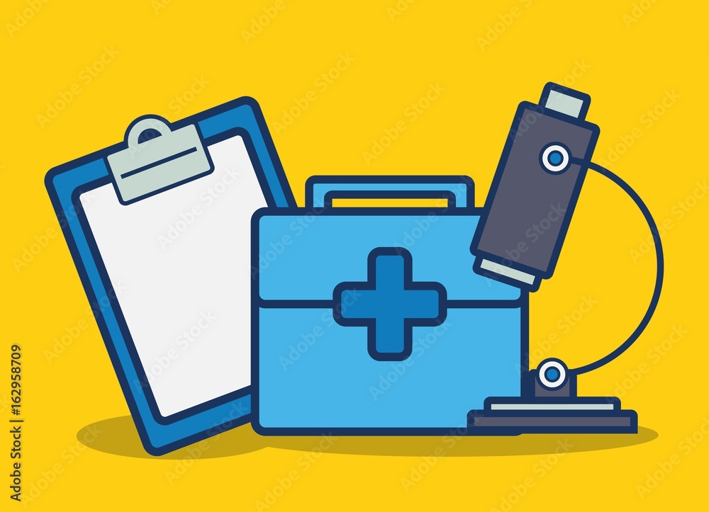 microscope and first aid kit icon over yellow background colorful design vector illustration