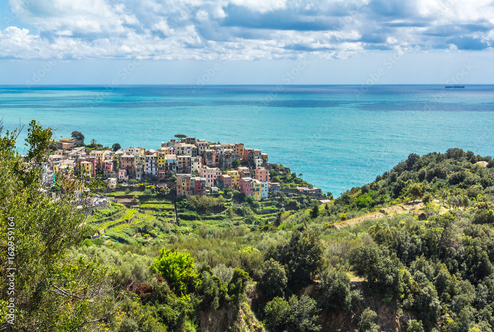aerial view of Corniglia, a small resort town  on the territory of the Cinque Terre National Park