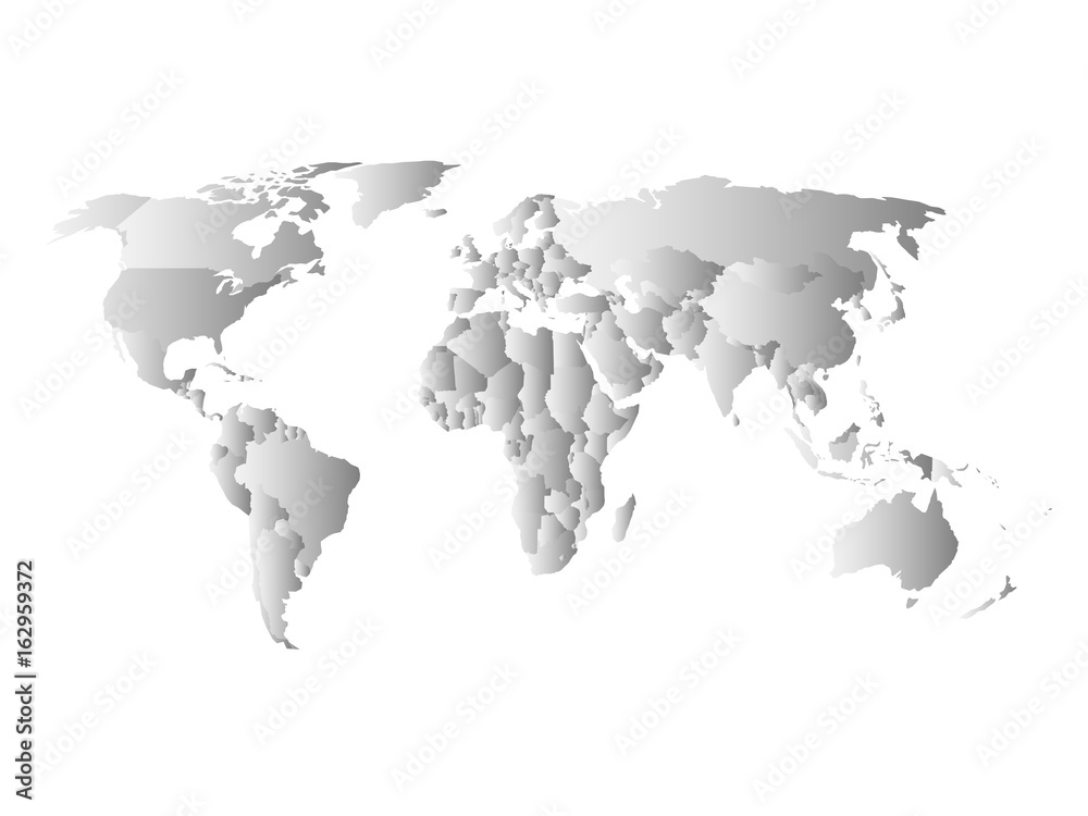 Grey political map of World. Each state with own horizontal gradient. Vector illustration.