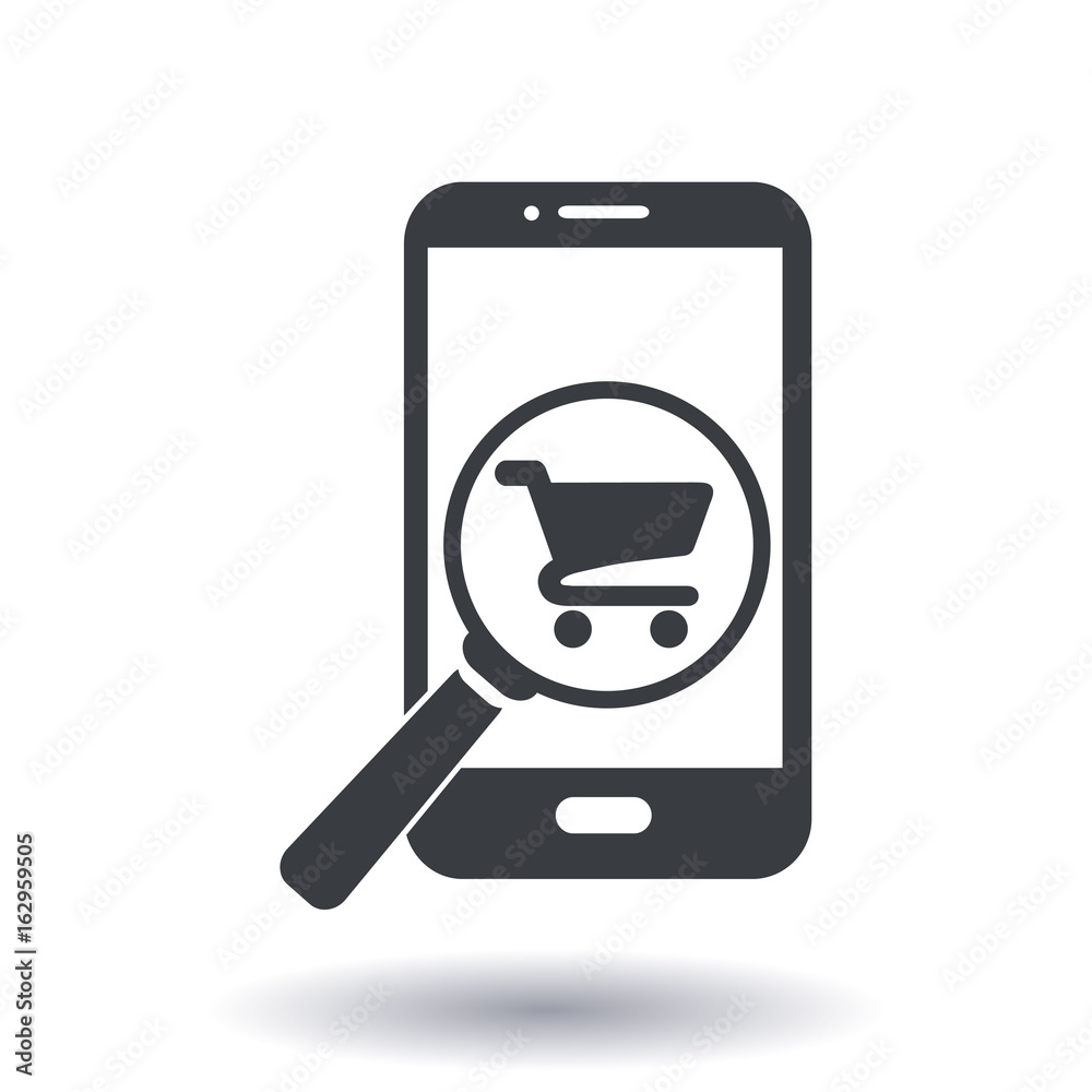 Glass searching for shoping on smart phone. Online shoping icon. Glass searching for shoping on smart phone. Online shoping icon.