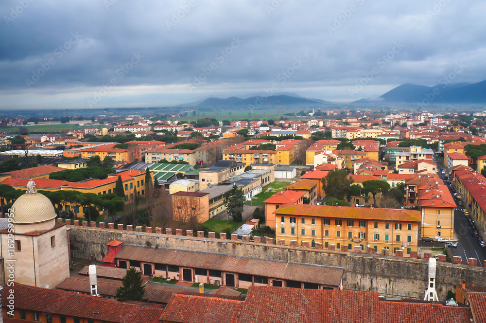 View of Pisa, a city in Tuscany, Central Italy with Pisa Cathedral and Leaning Tower