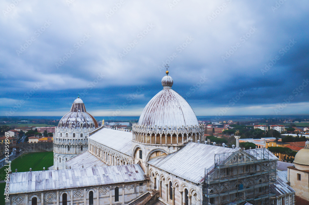 View of Pisa, a city in Tuscany, Central Italy with Pisa Cathedral and Leaning Tower
