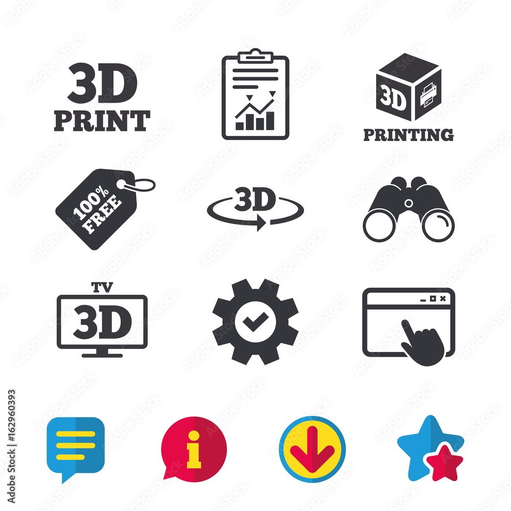 3d technology icons. Printer, rotation arrow sign symbols. Print cube. Browser window, Report and Service signs. Binoculars, Information and Download icons. Stars and Chat. Vector