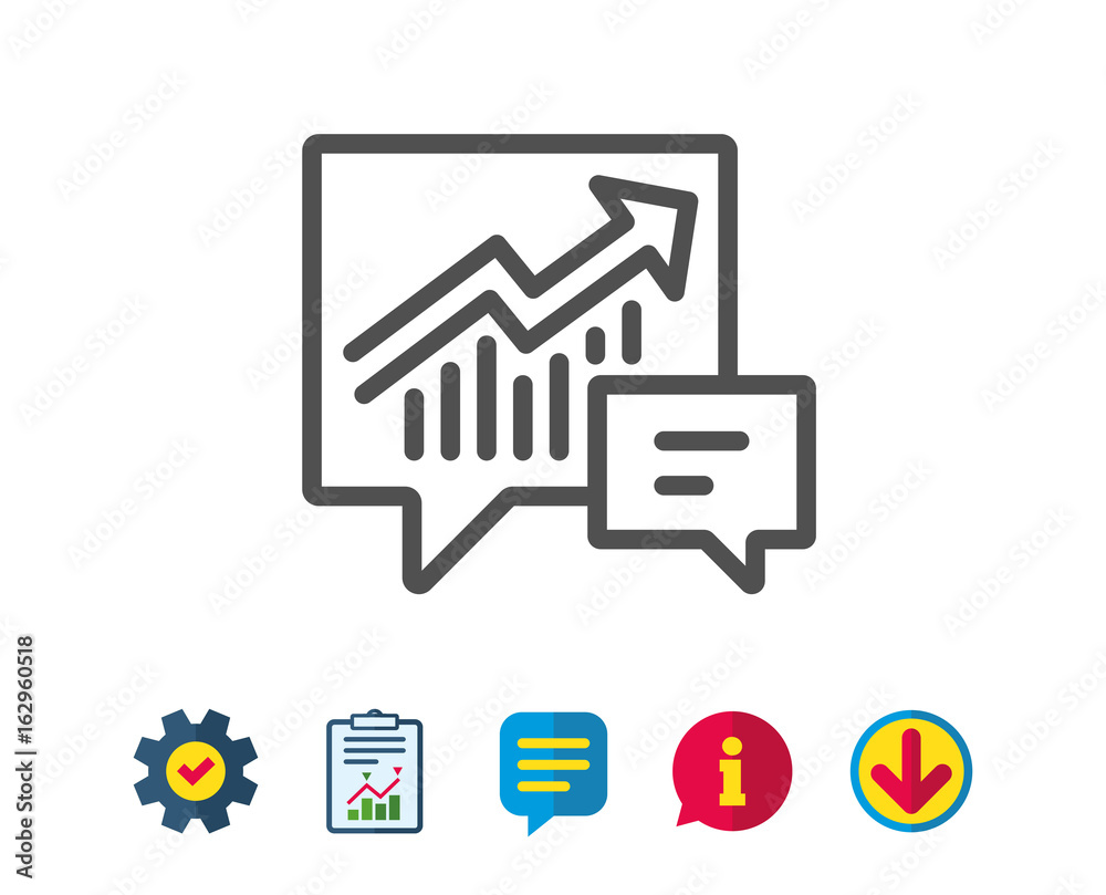 Chart line icon. Report graph or Sales growth sign in speech bubble. Analysis and Statistics data symbol. Report, Service and Information line signs. Download, Speech bubble icons. Editable stroke