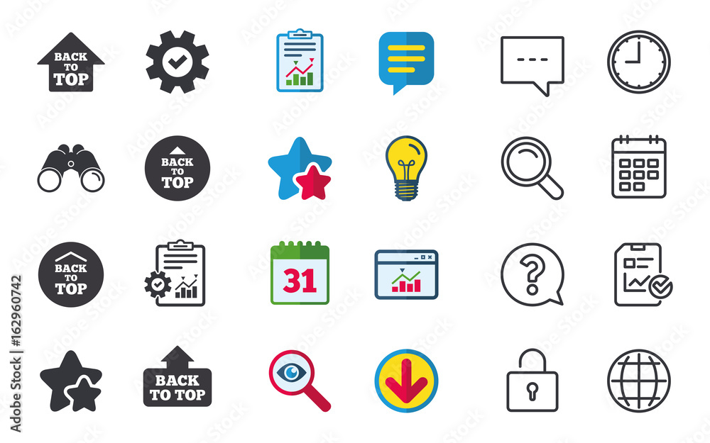 Back to top icons. Scroll up with arrow sign symbols. Chat, Report and Calendar signs. Stars, Statistics and Download icons. Question, Clock and Globe. Vector Back to top icons. Scroll up with arrow sign symbols. Chat, Report and Calendar signs. Stars, Statistics and Download icons. Question, Clock and Globe. Vector