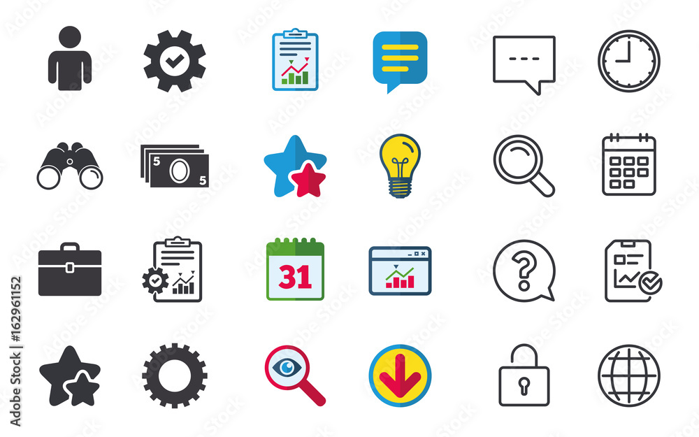 Businessman icons. Human silhouette and cash money signs. Case and gear symbols. Chat, Report and Calendar signs. Stars, Statistics and Download icons. Question, Clock and Globe. Vector Businessman icons. Human silhouette and cash money signs. Case and gear symbols. Chat, Report and Calendar signs. Stars, Statistics and Download icons. Question, Clock and Globe. Vector