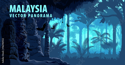 vector panorama of Malaysia with jungle raimforest, carst cave and bats