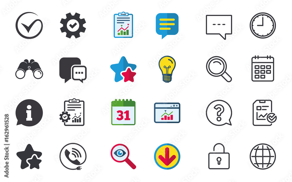Check or Tick icon. Phone call and Information signs. Support communication chat bubble symbol. Chat, Report and Calendar signs. Stars, Statistics and Download icons. Question, Clock and Globe. Vector