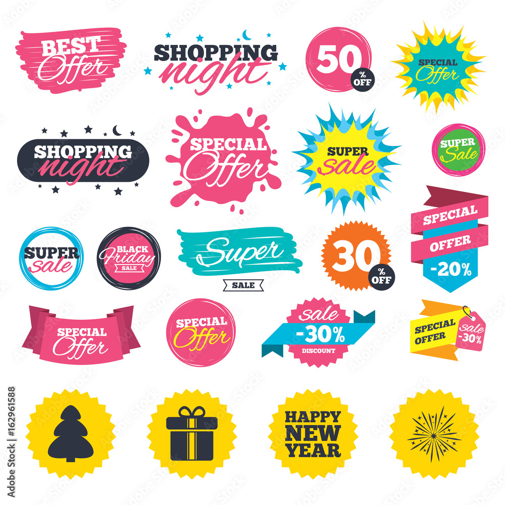 Sale shopping banners. Happy new year icon. Christmas tree and gift box signs. Fireworks explosive symbol. Web badges, splash and stickers. Best offer. Vector