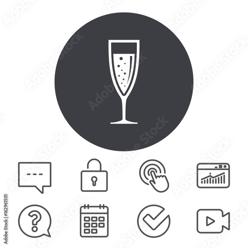 Glass of champagne sign icon. Sparkling wine with bubbles. Celebration or banquet alcohol drink symbol. Calendar, Locker and Speech bubble line signs. Video camera, Statistics and Question icons