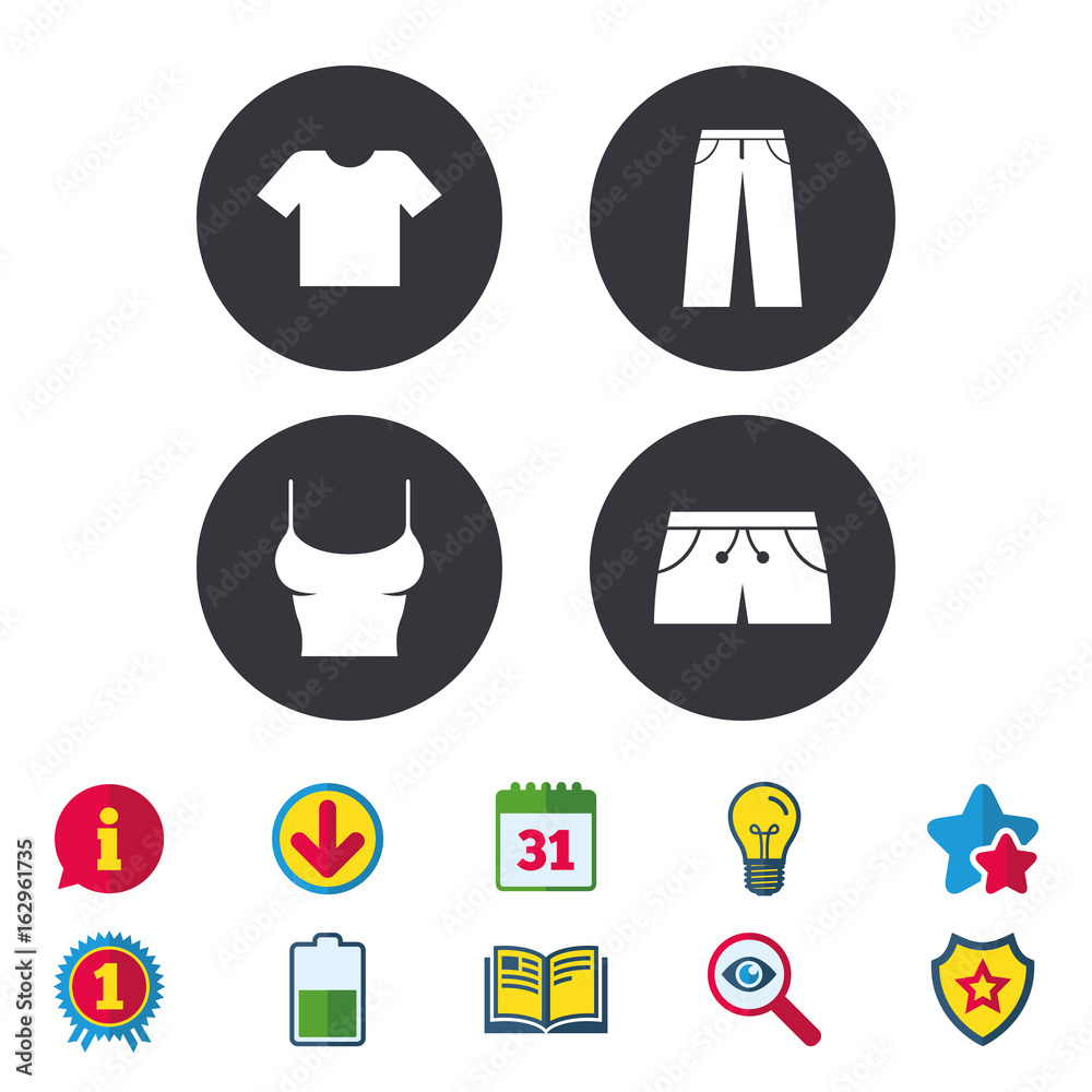 Clothes icons. T-shirt and pants with shorts signs. Swimming trunks symbol. Calendar, Information and Download signs. Stars, Award and Book icons. Light bulb, Shield and Search. Vector Clothes icons. T-shirt and pants with shorts signs. Swimming trunks symbol. Calendar, Information and Download signs. Stars, Award and Book icons. Light bulb, Shield and Search. Vector