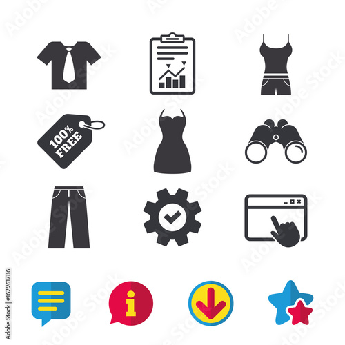 Clothes icons. T-shirt with business tie and pants signs. Women dress symbol. Browser window, Report and Service signs. Binoculars, Information and Download icons. Stars and Chat. Vector