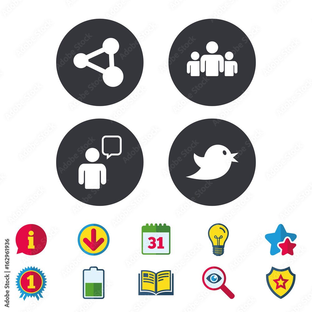 Group of people and share icons. Speech bubble symbols. Communication signs. Calendar, Information and Download signs. Stars, Award and Book icons. Light bulb, Shield and Search. Vector Group of people and share icons. Speech bubble symbols. Communication signs. Calendar, Information and Download signs. Stars, Award and Book icons. Light bulb, Shield and Search. Vector