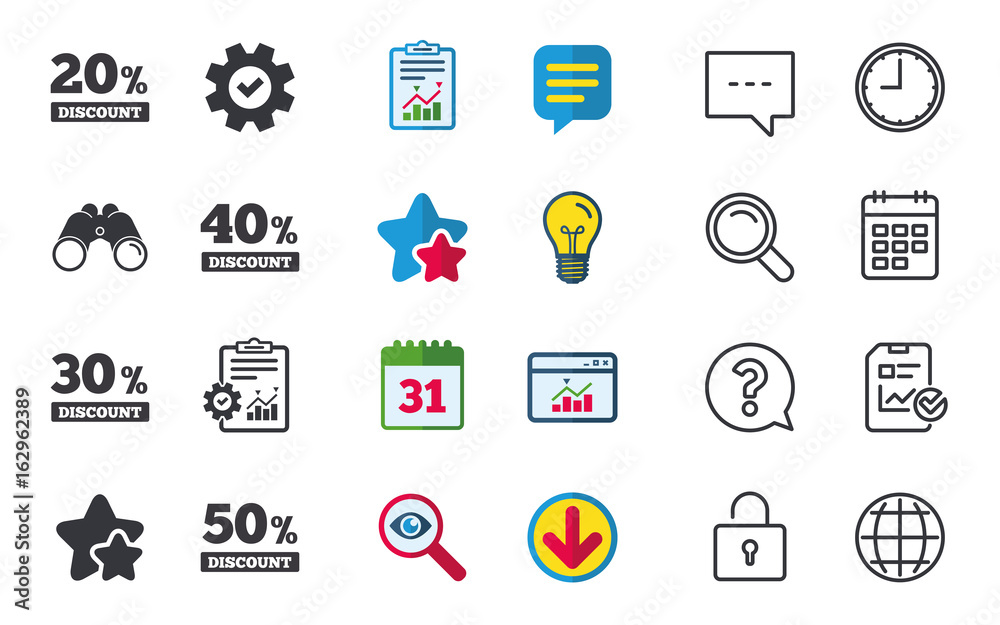 Sale discount icons. Special offer price signs. 20, 30, 40 and 50 percent off reduction symbols. Chat, Report and Calendar signs. Stars, Statistics and Download icons. Question, Clock and Globe