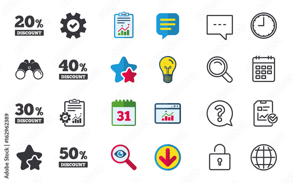 Sale discount icons. Special offer price signs. 20, 30, 40 and 50 percent off reduction symbols. Chat, Report and Calendar signs. Stars, Statistics and Download icons. Question, Clock and Globe Sale discount icons. Special offer price signs. 20, 30, 40 and 50 percent off reduction symbols. Chat, Report and Calendar signs. Stars, Statistics and Download icons. Question, Clock and Globe