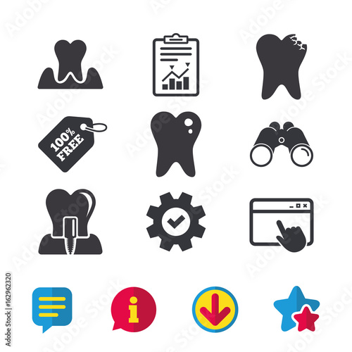Dental care icons. Caries tooth sign. Tooth endosseous implant symbol. Parodontosis gingivitis sign. Browser window, Report and Service signs. Binoculars, Information and Download icons. Vector