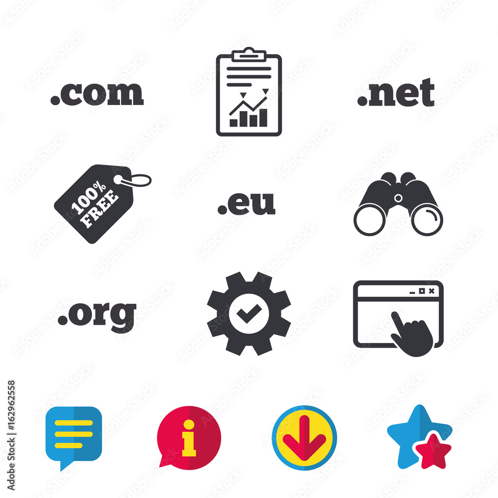 Top-level internet domain icons. Com, Eu, Net and Org symbols. Unique DNS names. Browser window, Report and Service signs. Binoculars, Information and Download icons. Stars and Chat. Vector Top-level internet domain icons. Com, Eu, Net and Org symbols. Unique DNS names. Browser window, Report and Service signs. Binoculars, Information and Download icons. Stars and Chat. Vector
