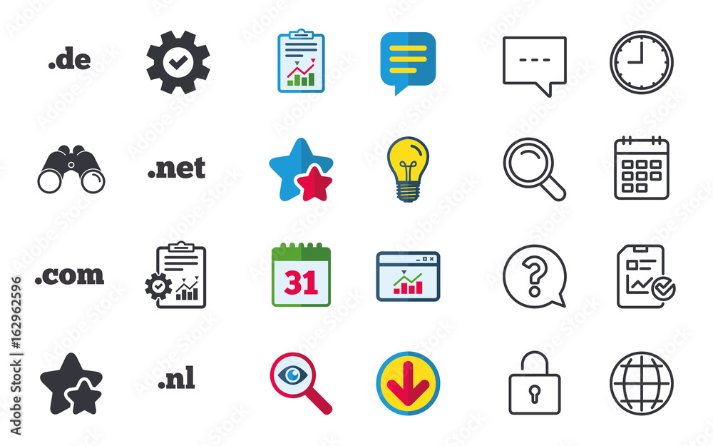 Top-level internet domain icons. De, Com, Net and Nl symbols. Unique national DNS names. Chat, Report and Calendar signs. Stars, Statistics and Download icons. Question, Clock and Globe. Vector Top-level internet domain icons. De, Com, Net and Nl symbols. Unique national DNS names. Chat, Report and Calendar signs. Stars, Statistics and Download icons. Question, Clock and Globe. Vector