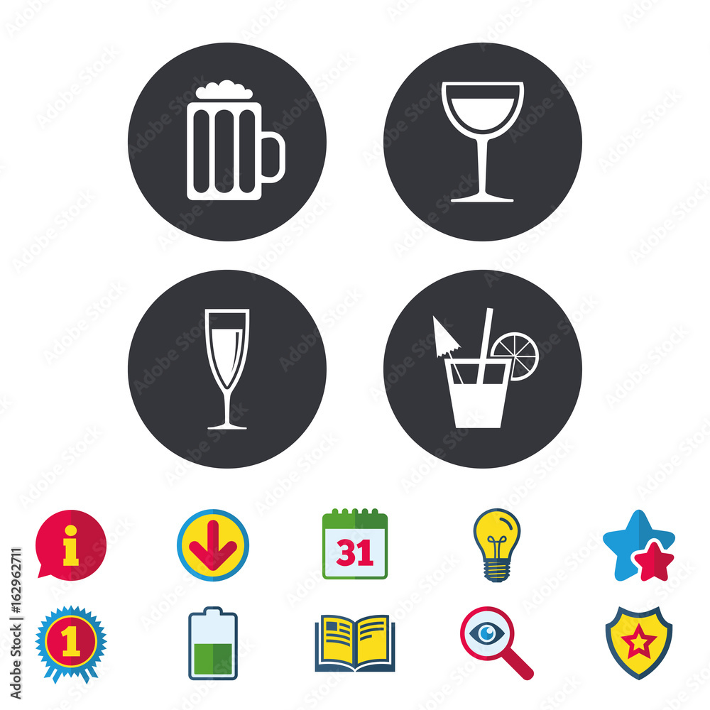Alcoholic drinks icons. Champagne sparkling wine and beer symbols. Wine glass and cocktail signs. Calendar, Information and Download signs. Stars, Award and Book icons. Light bulb, Shield and Search