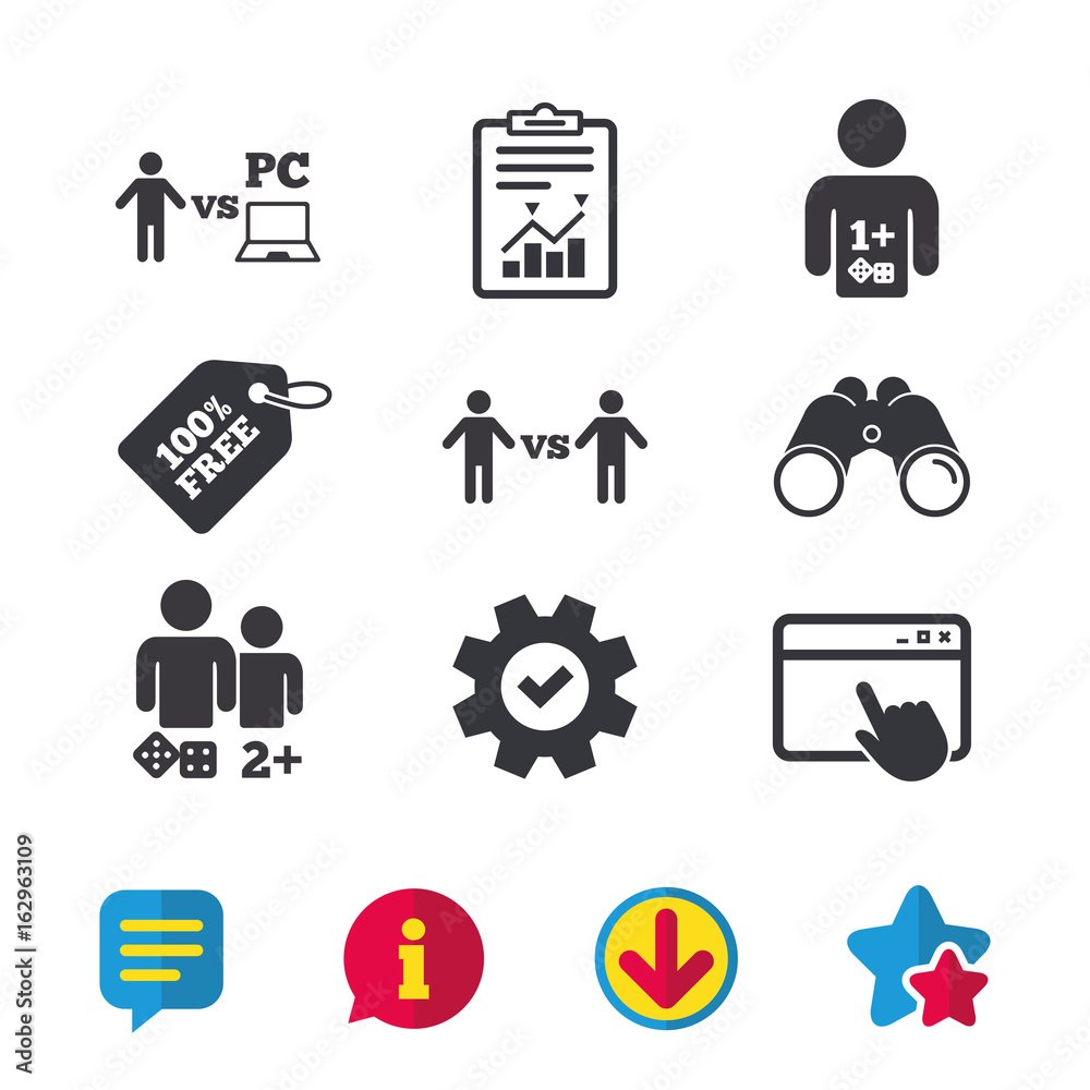 Gamer icons. Board and PC games players signs. Player vs PC symbol. Browser  window, Report and Service signs. Binoculars, Information and Download  icons. Stars and Chat. Vector Stock Vector | Adobe Stock