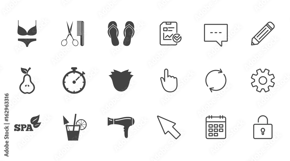 Hairdresser, spa icons. Diet cocktail sign. Lingerie, scissors and hairdryer symbols. Chat, Report and Calendar line signs. Service, Pencil and Locker icons. Click, Rotation and Cursor. Vector Hairdresser, spa icons. Diet cocktail sign. Lingerie, scissors and hairdryer symbols. Chat, Report and Calendar line signs. Service, Pencil and Locker icons. Click, Rotation and Cursor. Vector