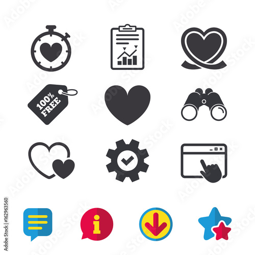 Heart ribbon icon. Timer stopwatch symbol. Love and Heartbeat palpitation signs. Browser window, Report and Service signs. Binoculars, Information and Download icons. Stars and Chat. Vector